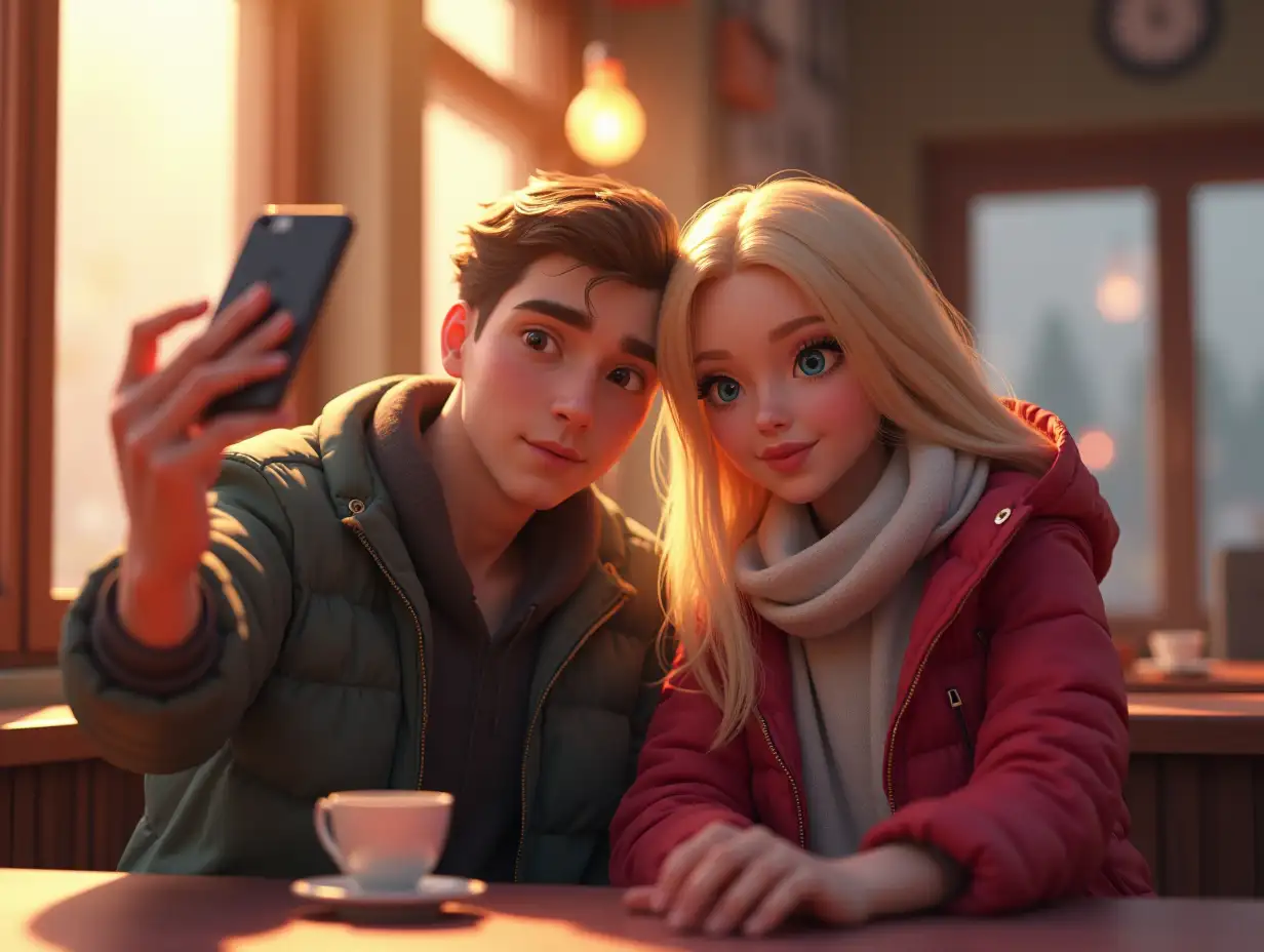 a scene that contains elements of photorealism and 3D animation. 30-year-old Russian Ken takes a selfie with a 30-year-old Barbie. The scene takes place in a cafe early on a warm winter morning. The photo turned out to be sincere and dreamy. Everything is realistic, except for the girl. The combination of reality and an anime girl makes the scene surreal but joyful.