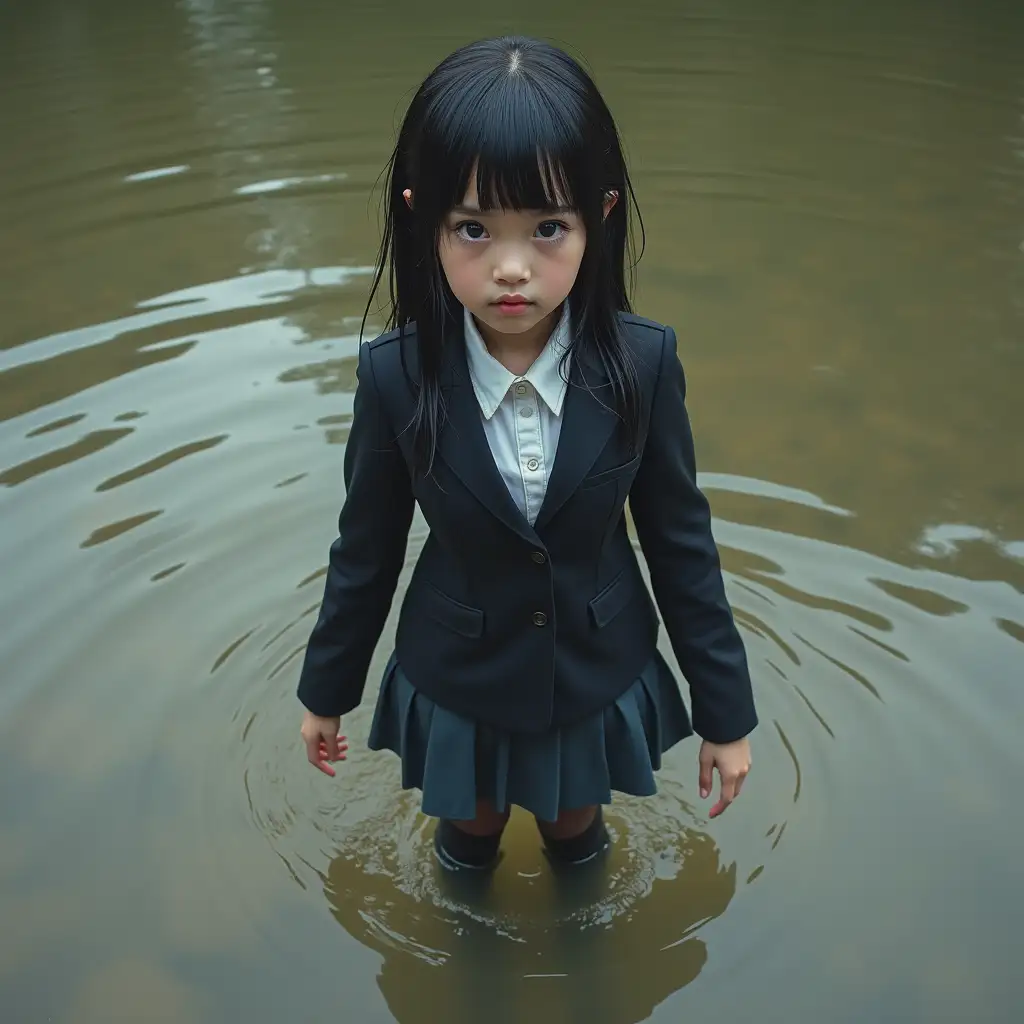 schoolgirl in school uniform, with skirt, blazer, blouse, dark tights, high-heeled pumps. Swims in a dirty pond, body under water, body under the surface of the water, entire clothing completely wet, soaked clothes stick to the body