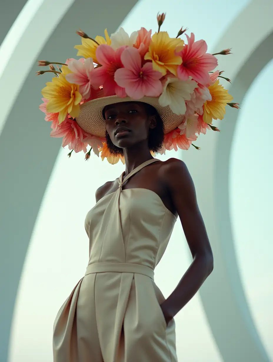 Dark skin model, Fashion design work featuring a (Chanel) female model full body shot and her hair is made of colorful flowers wearing minimalist women’s clothing, wearing a big hat, shot in a sci fi building with bright and soft lighting, create a minimalist and sleek style with a sense of sophistication and high end feeling, fine lines and intricate details, realistic anatomies, Nikon D800