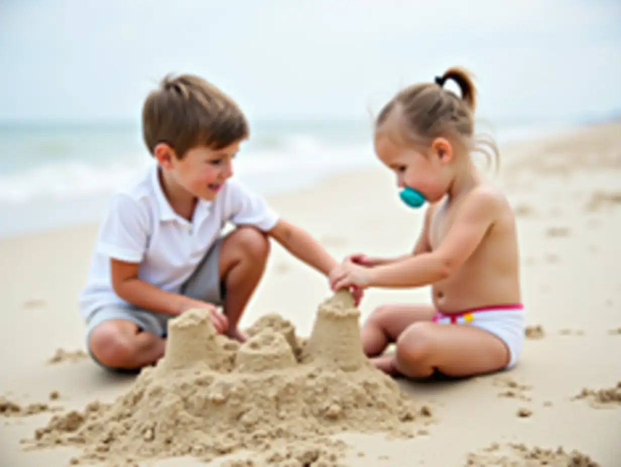 six year old boy wearing t-shirt and shorts at the beach with six year old girl building a sandcastle smiling pacifier in mouth wearing diapers