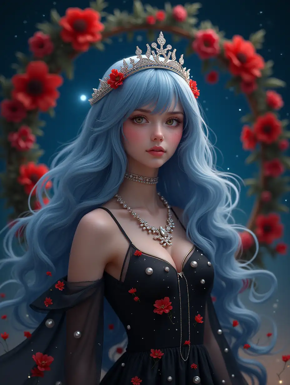 A beautiful fairy woman, a tiara of diamonds, pearls and flowers, long wavy blue hair, in a thin, black, airy dress with a scattering of pearls and red poppies, a whirlwind of flowers, a necklace of diamonds around her neck, beautiful, shiny, aesthetic. High resolution, high detail. In the background there is a floral arch against the background of the starry sky.