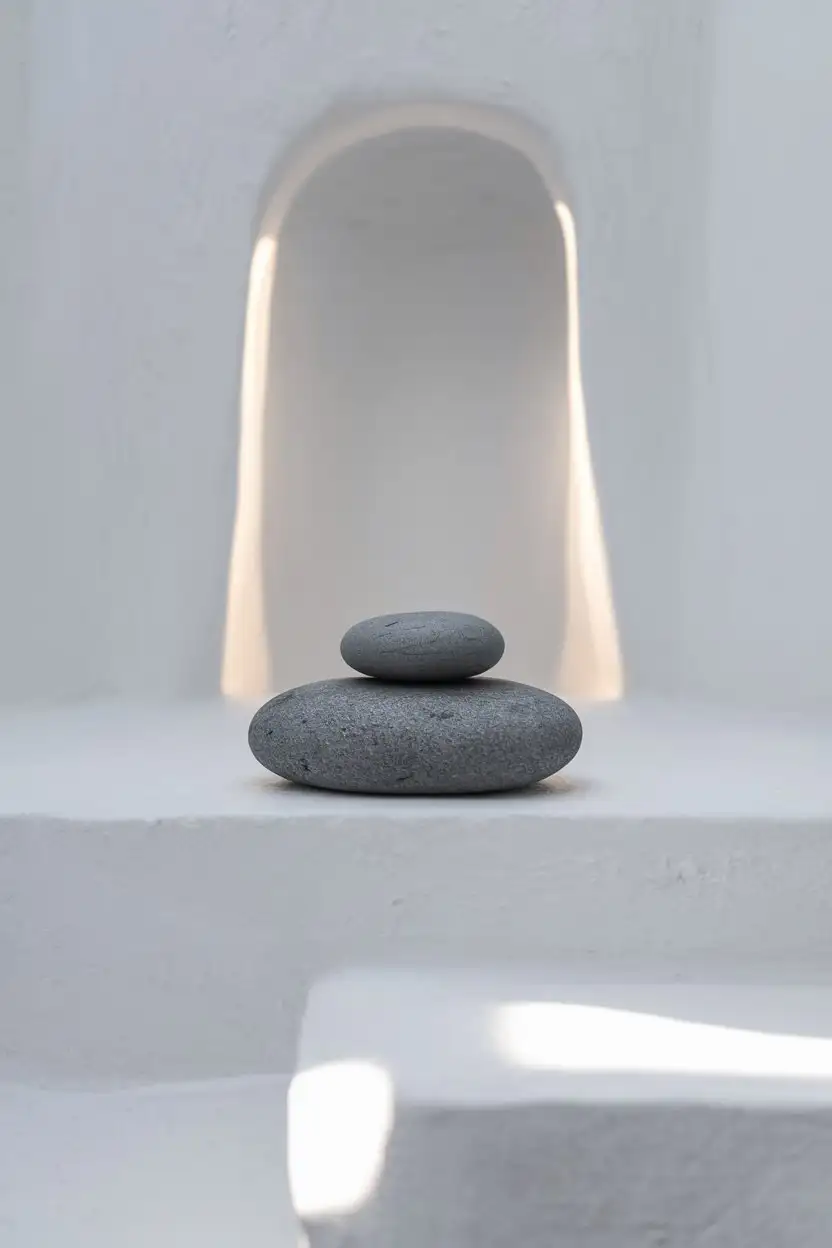 A stark, clean shot of a minimalist mini altar on a white surface. A single, smooth, grey river stone sits in the center. The background is a plain white wall with soft, diffused light casting a gentle shadow behind the stone. The overall feeling is serene and uncluttered.