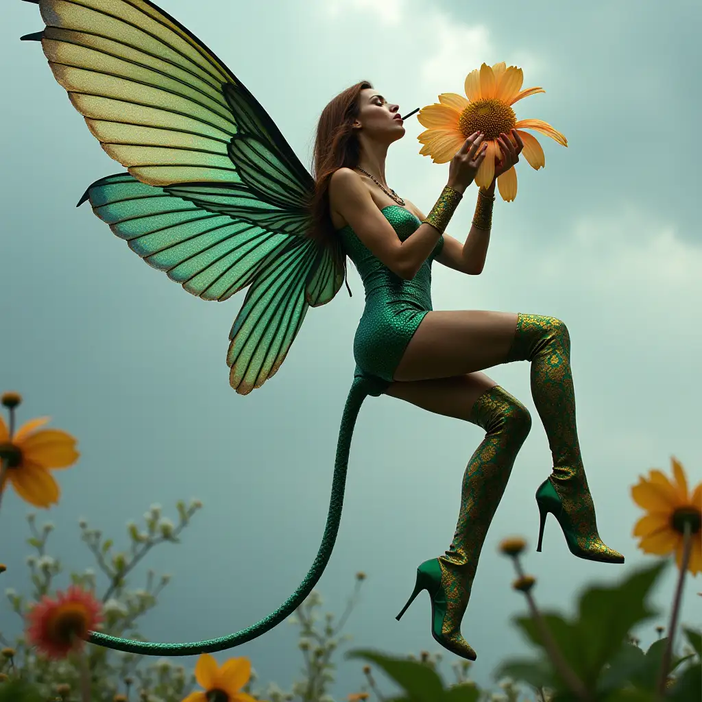 A photo of a woman with large, iridescent green-blue hummingbird wings and a long green-blue bird tail. She is flying by a giant flower and drinking nectar from the flower with her long tongue. She is wearing a golden patterned blue latex dress and golden patterned green latex thigh-high stiletto boots. The background contains a cloudy sky.