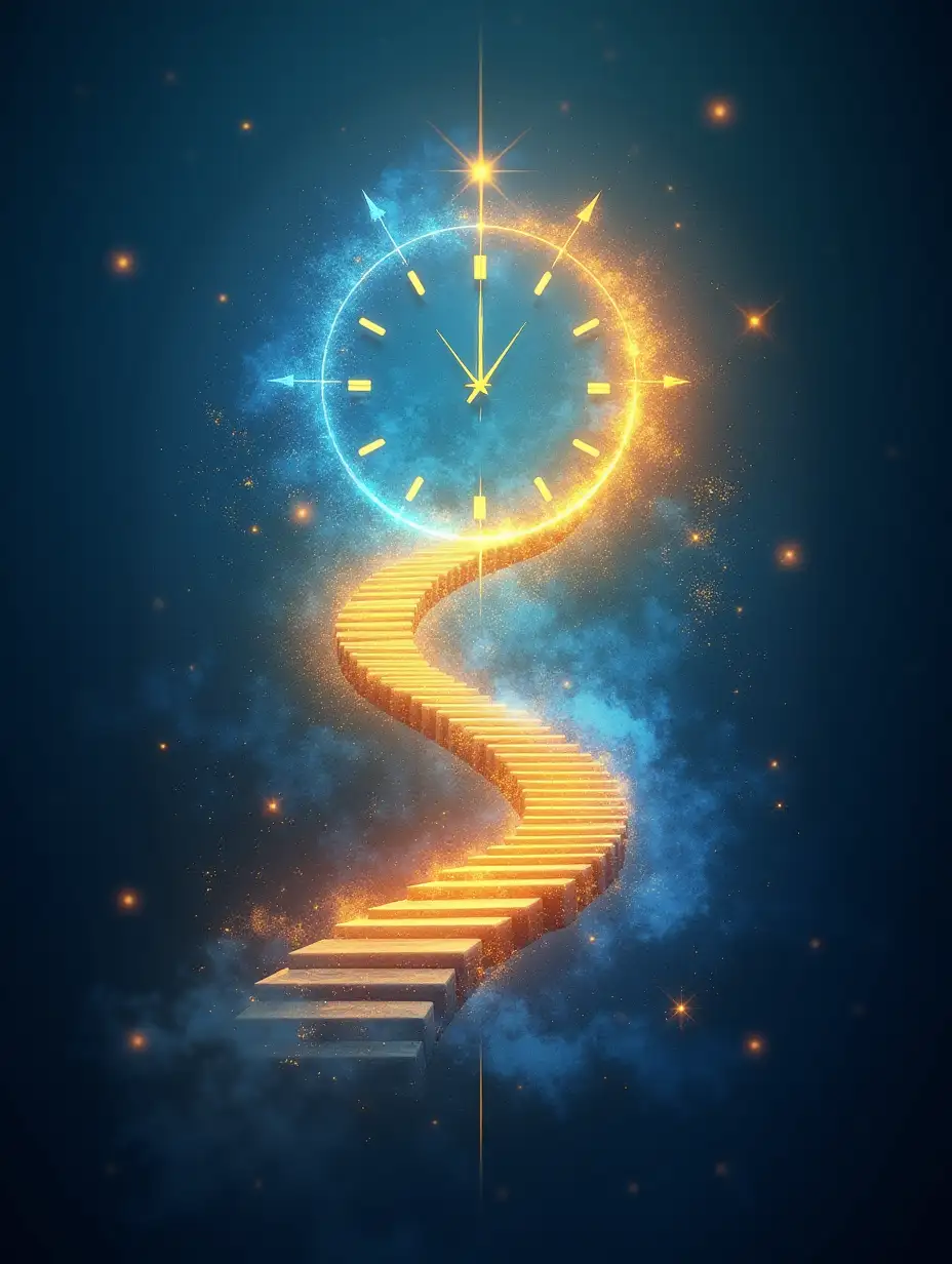 A visually stunning image. The design features a symbolic clock with a dynamic, glowing pathway spiralling outward, representing progress and transformation. The color palette includes vibrant gradients of blue and gold, creating a sense of calmness, focus, and empowerment. The background is textured subtly with soft light flares to enhance the depth,  blending seamlessly with the harmonious design. The composition conveys productivity, personal growth, and achieving balance.