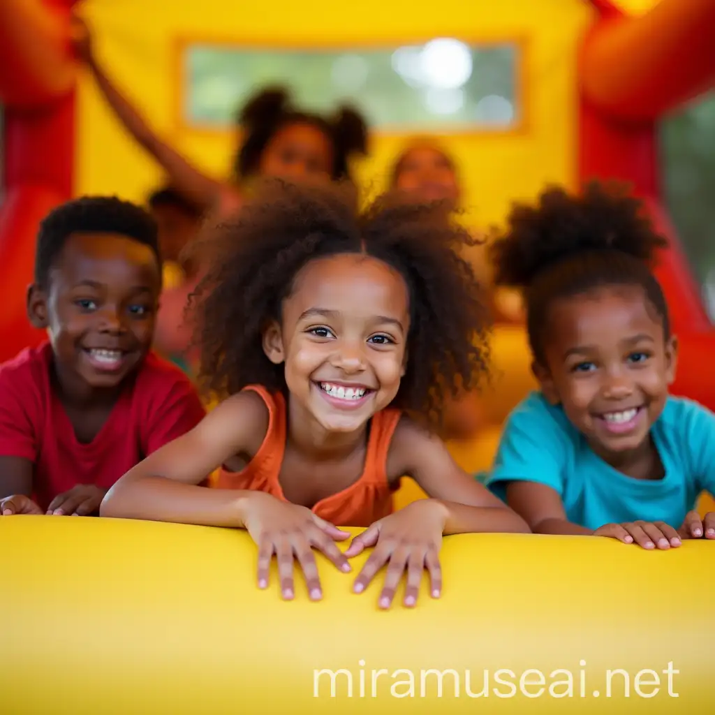 Black girl 7 year old cousins, with white and hispanic cousins, playing in yellow , reed, blue and green bounce house, wearing  orange , yellow and blue, smilling, perfect teeth, white socks,