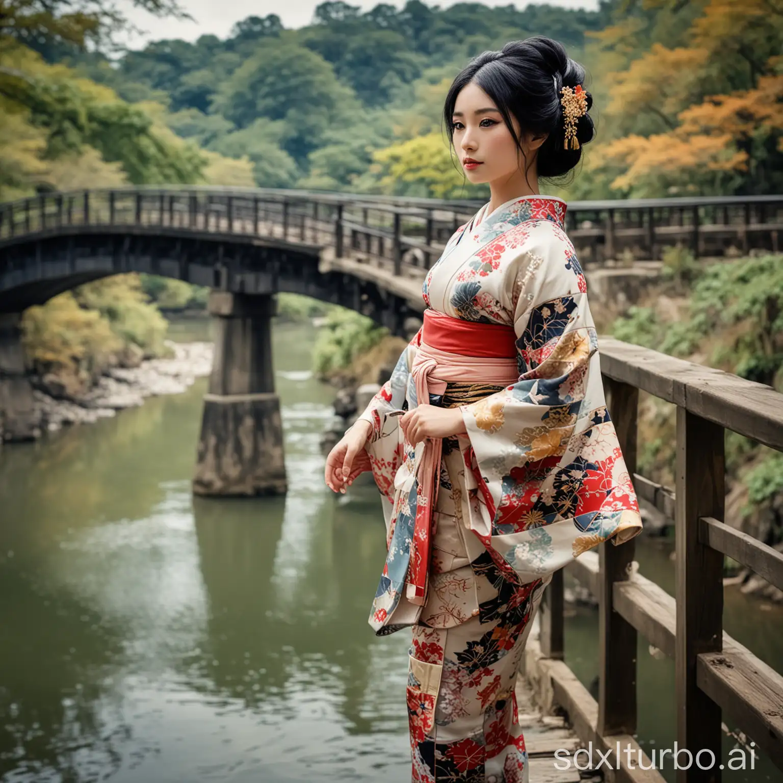 Japanese-Courtesan-in-Kimono-by-River-Bridge