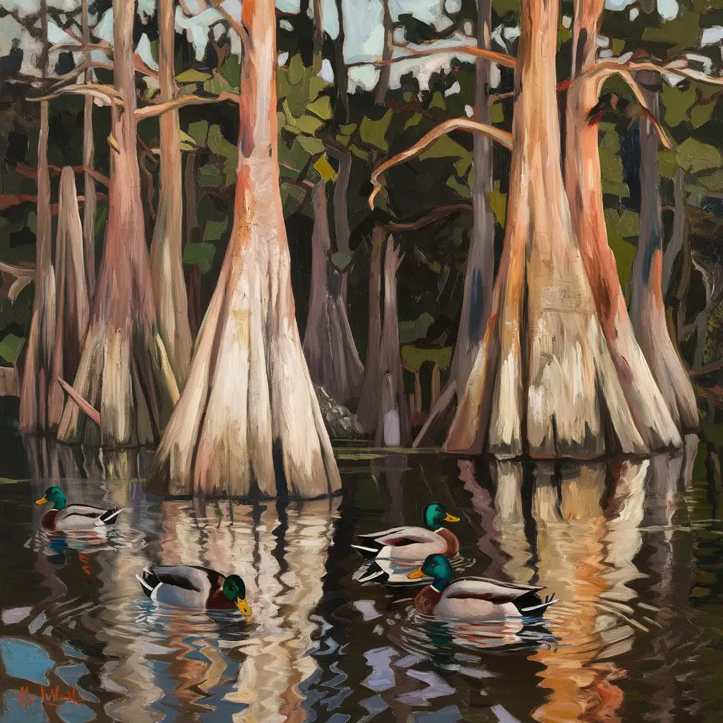 Impressionist Arkansas Black Swamp Scene with Cypress Trees and Mallards