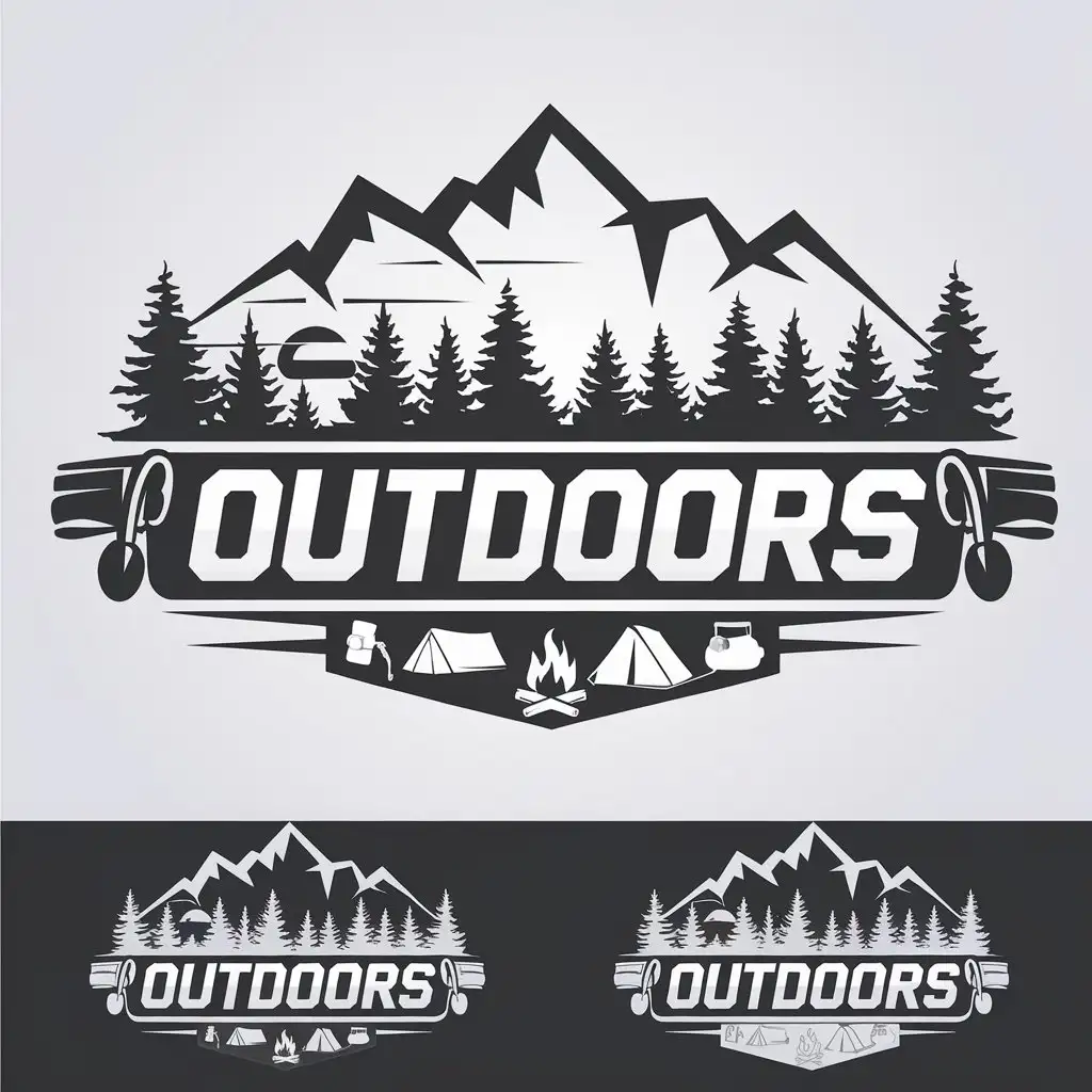 a vector logo design,with the text "OUTDOORS", main symbol:Mountains, forests, sunsets, tents, camping, campfires,nature, Moderate,clear background,complex,be used in Sports Fitness industry,clear background