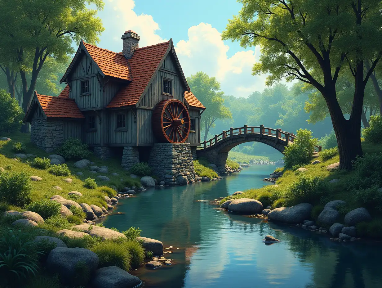 Water mills in forest 3d style