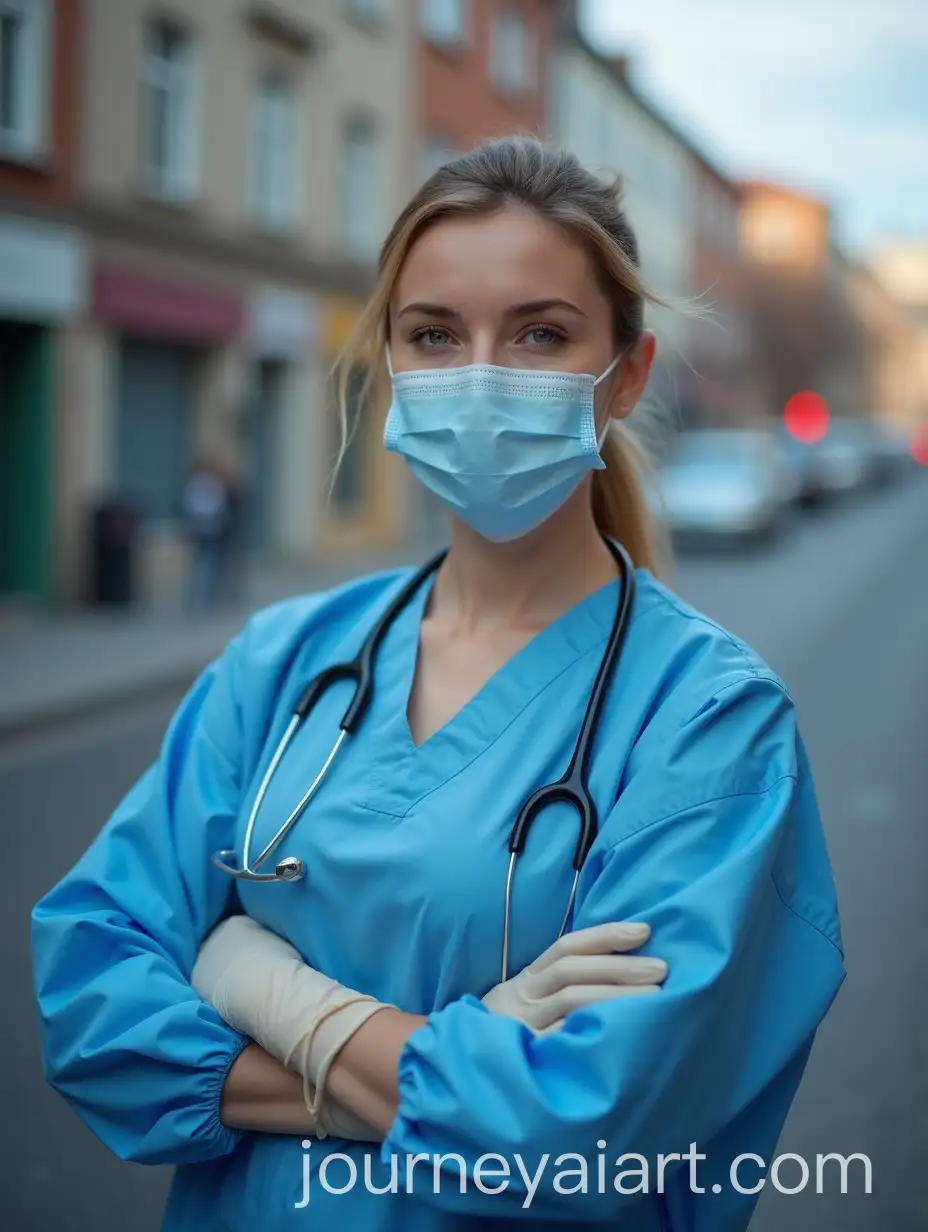 European-Female-Nurse-in-PPE-Standing-Outside-on-Public-Road