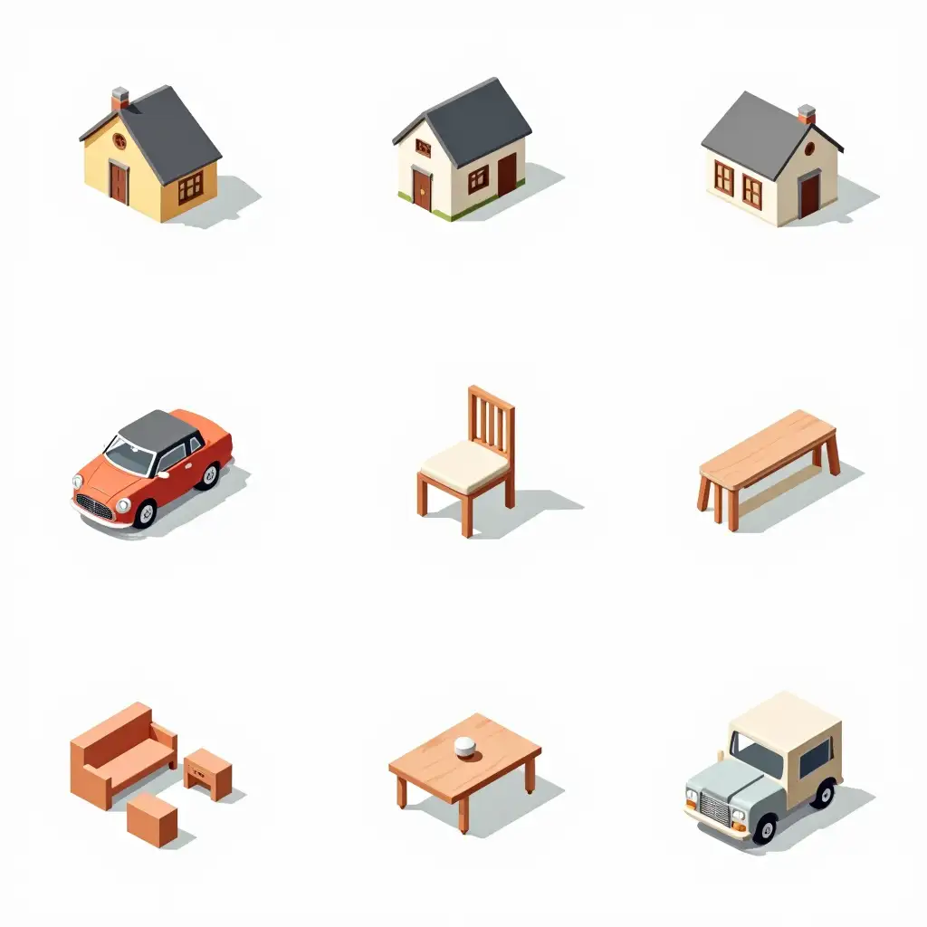 Minimalistic-Colorful-Icons-of-Car-House-and-Furniture-on-White-Background-in-Oil-Painting-Style