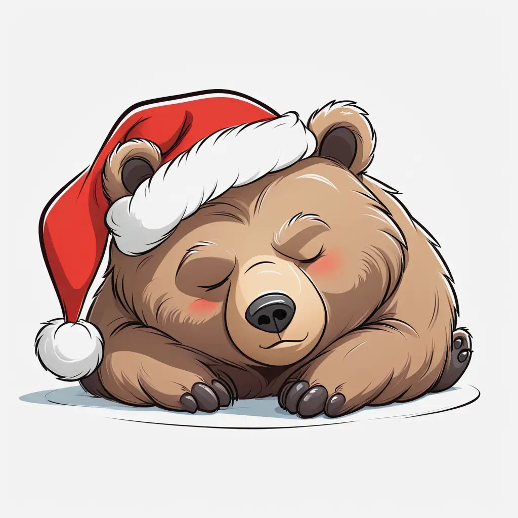 Cartoon Bear Sleeping with Santa Hat on White Background