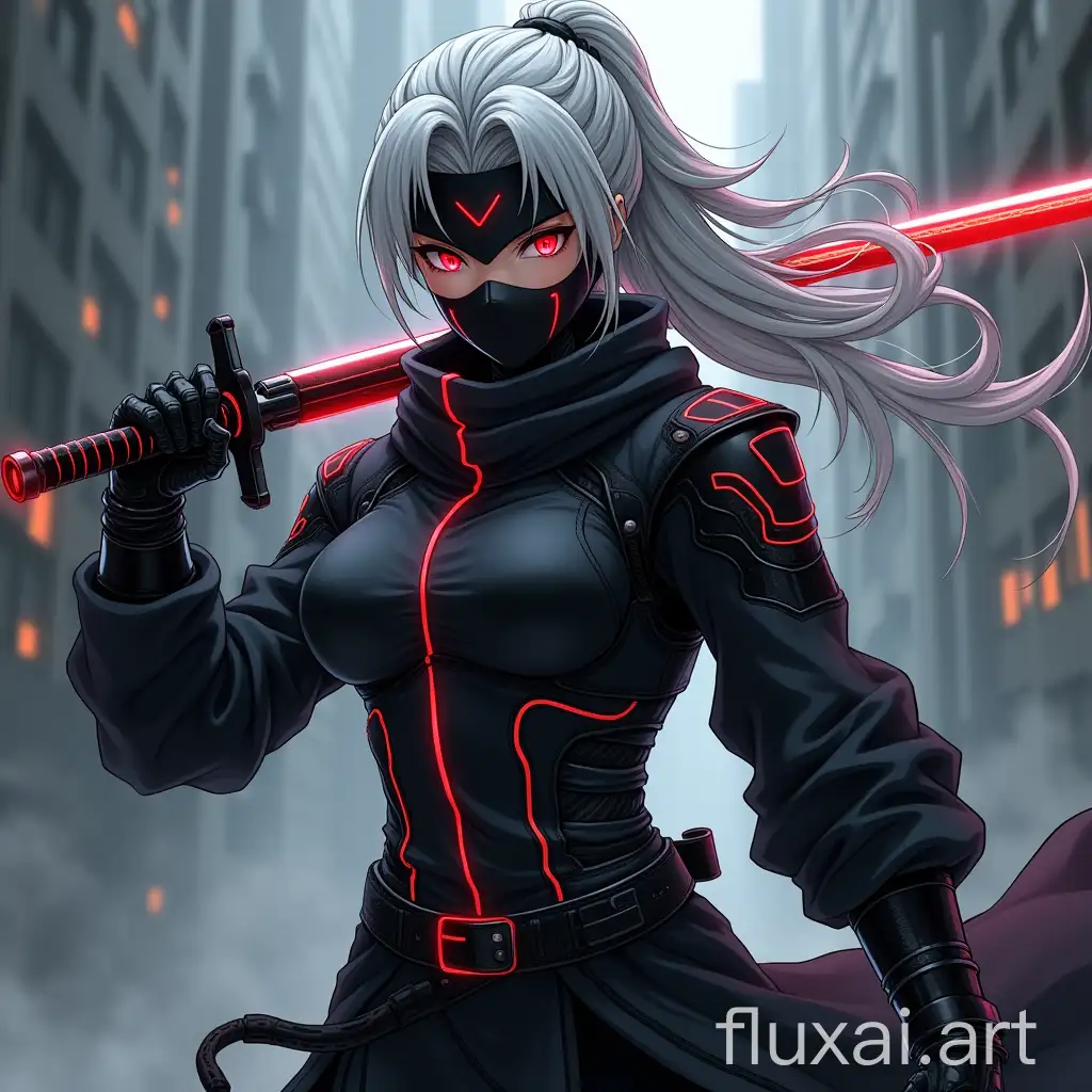 Dark cyber ninja girl in power black armor with neon grey lines full height anime style grim mask red eyes white middle hair with laser katana fighting battle cyborg four mechanical arms