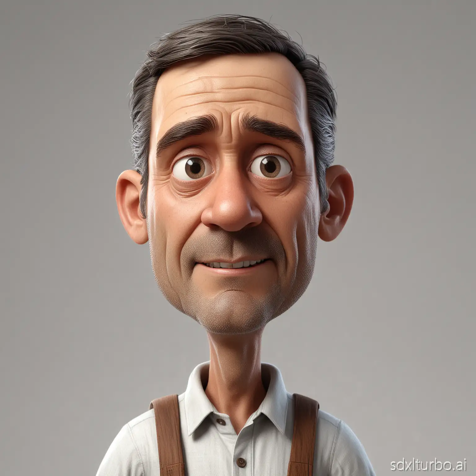 Hyperrealistic 3D Cartoon style character with big head. 50 year old carpenter man, ideal body, white background. Use soft photography lighting. Hair lighting, top lighting, side lighting, high quality photos, UHD, 16K