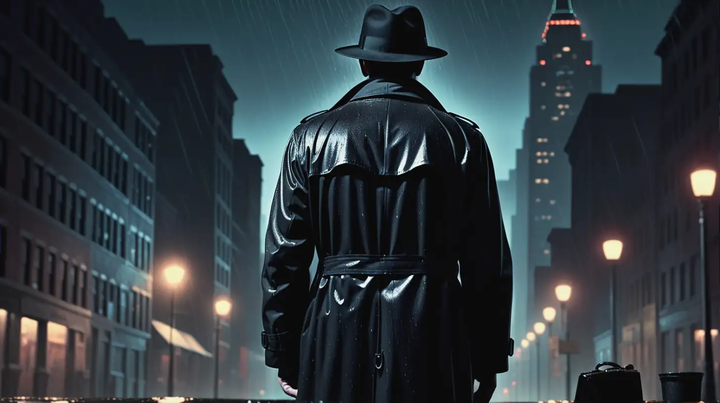 1945 Detective in Trench Coat Silhouette Against Downtown Cityscape at Night