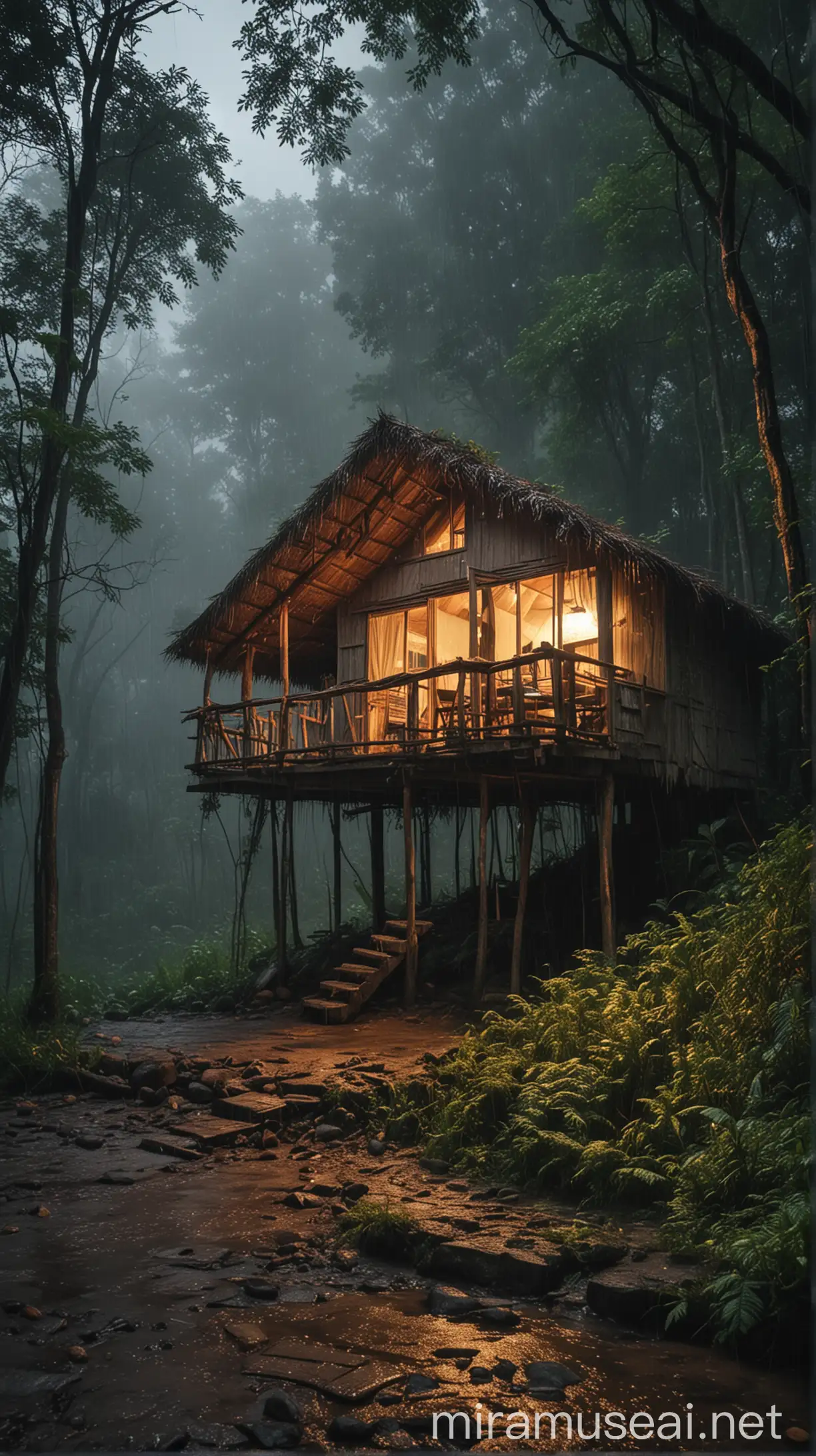 Dark Forest Hut in Heavy Rain at Night