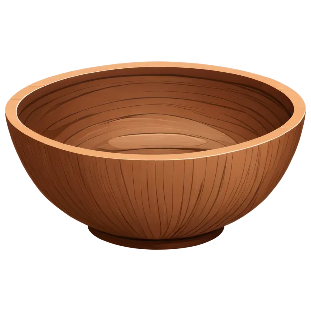 A 2D cartoon-style empty wooden bowl with a smooth, polished texture, placed on a white background. PNG format with transparent background, simple shading, and clean outlines.