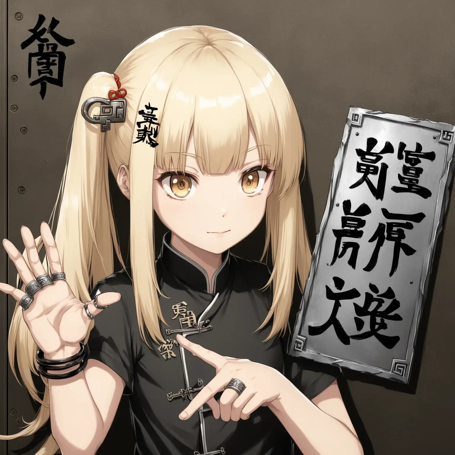 Making a metal sign with his left hand. She has Light Blond hair with two tails and rings with Chinese kanji on each finger. A kouhai with a rabbit clip right next to the right side of her hair.