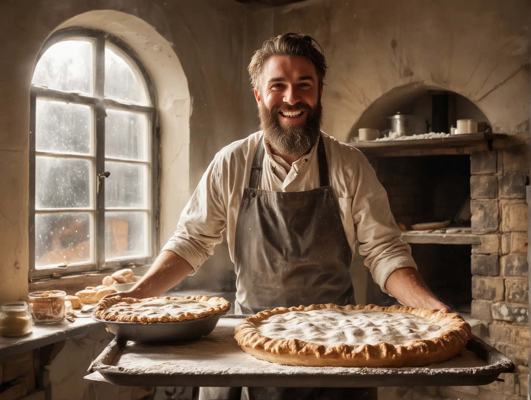 Bearded baker smiles, his form is a little covered in flour, he stands and holds a giant pie on a tray, behind him is a workspace with baking supplies and a stone oven, rays of sunshine come in through the window, there's a bit of dustiness in the bakery from the flour