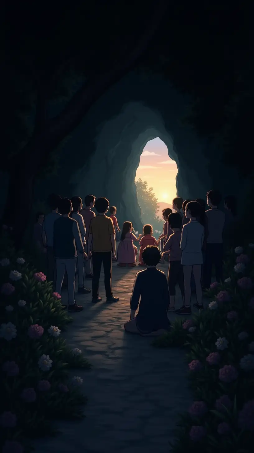 Young People Praying at Twilight by a Cave Entrance