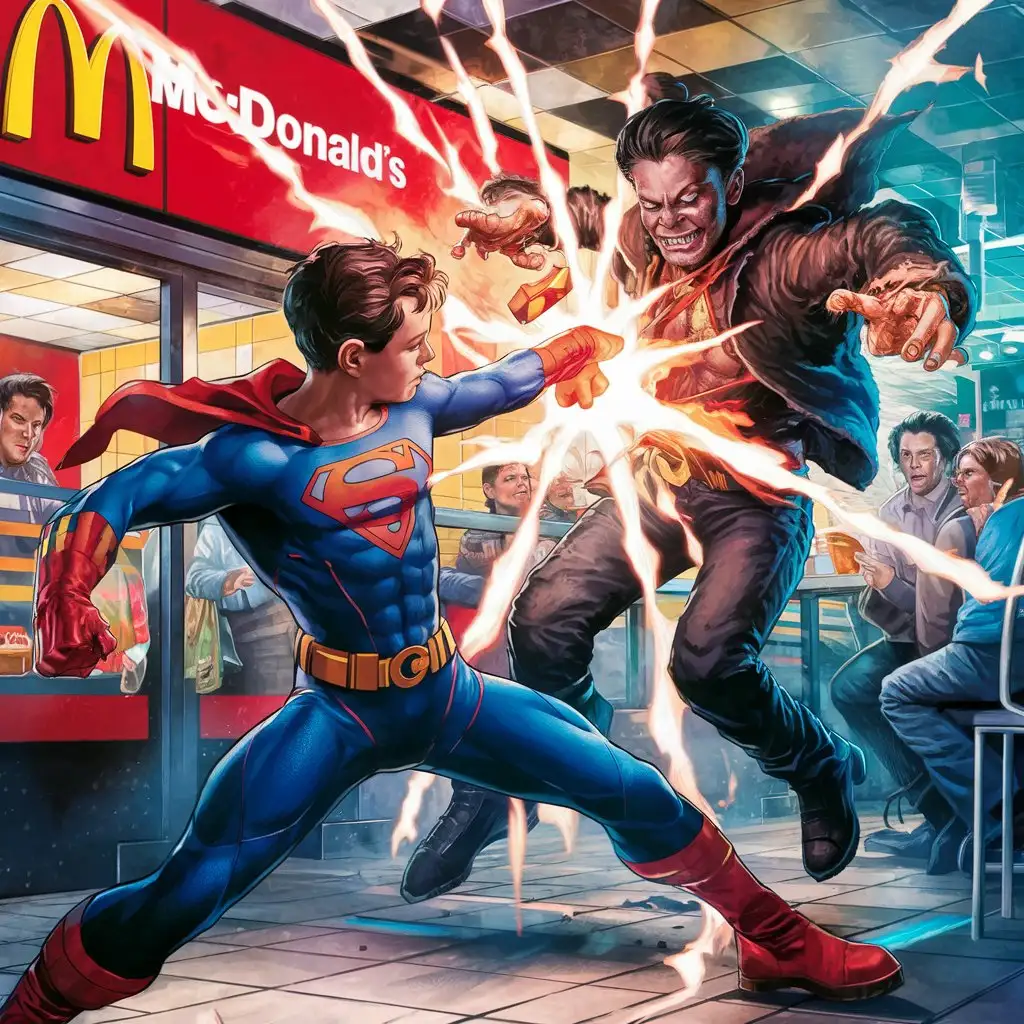 Teen Superboy Hero Fighting Bad Teen Villain in McDonalds