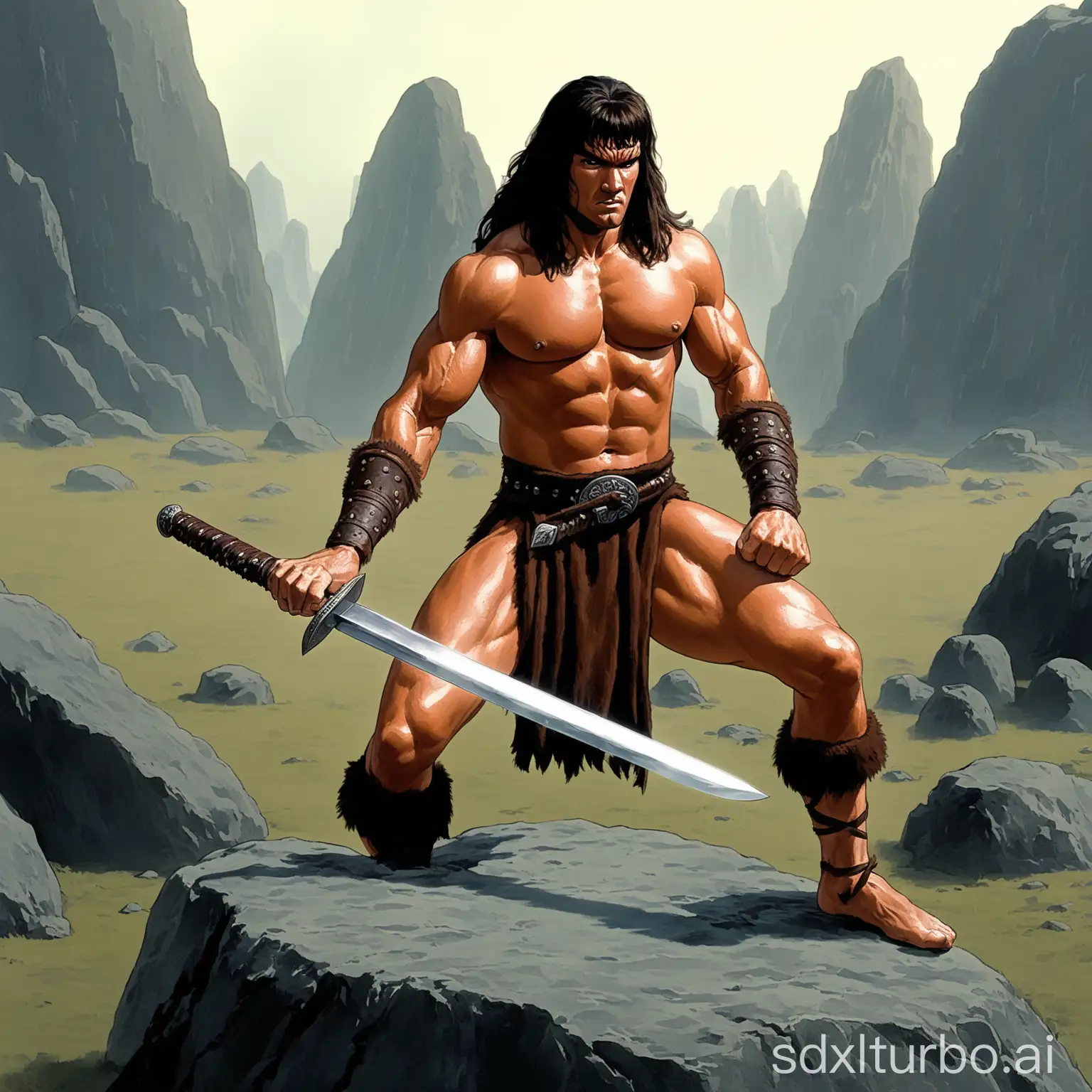 Conan-the-Barbarian-Training-with-His-Sword-on-a-Rocky-Outcrop