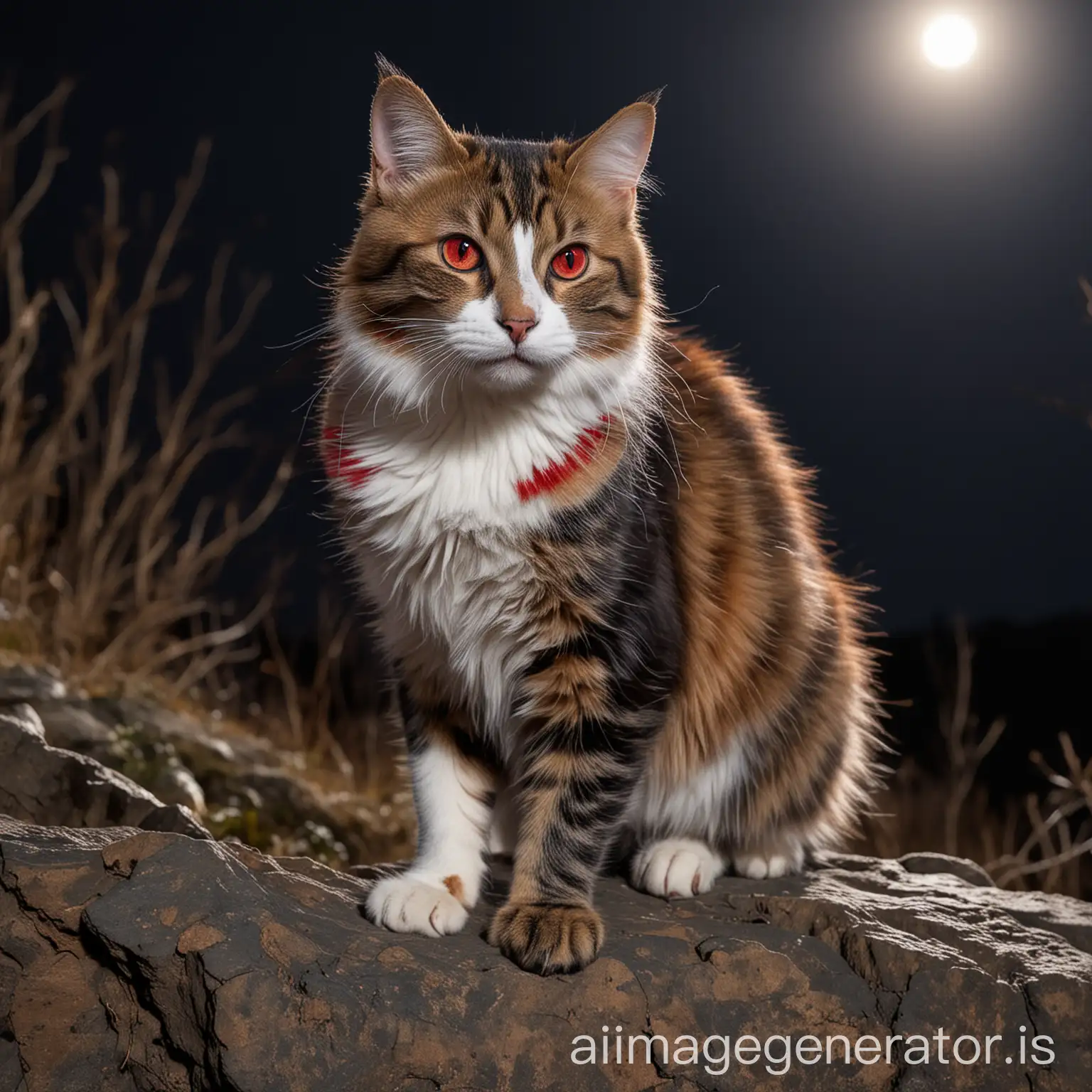 Female-Cat-with-Black-and-Red-Spotted-Fur-in-Defensive-Posture-Under-Full-Moon