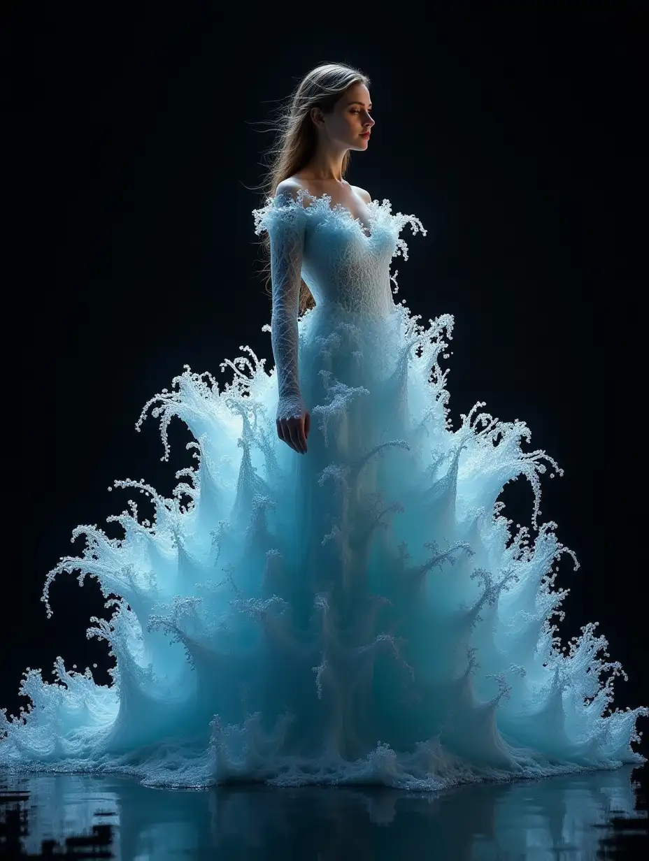 A stunning and surreal image of a weman wearing an intricate water dress made entirely of water waves, creating a mesmerizing and visually stunning effect. The weman is shown in a graceful pose against a dark background, with the water appearing to flow outward in a dramatic fan-like shape. This image can be created with the following prompt. Woman in an elaborate water dress made entirely of water waves, styled by Dmitry Kostanovich, Photoshop, Felicia Semyon, UHD image, Ekaterina Panikanova, Shiny and Glossy, HDR, Dynamic Mode, 32kb, Sharp Focus, Illustration. by Sasan.