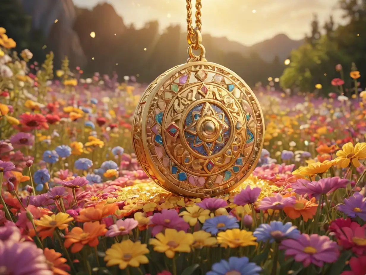 Wide-angle image of a shimmering golden talisman with sparkling light, set against a backdrop of a vibrant, colorful flower field, 3d disney inspire