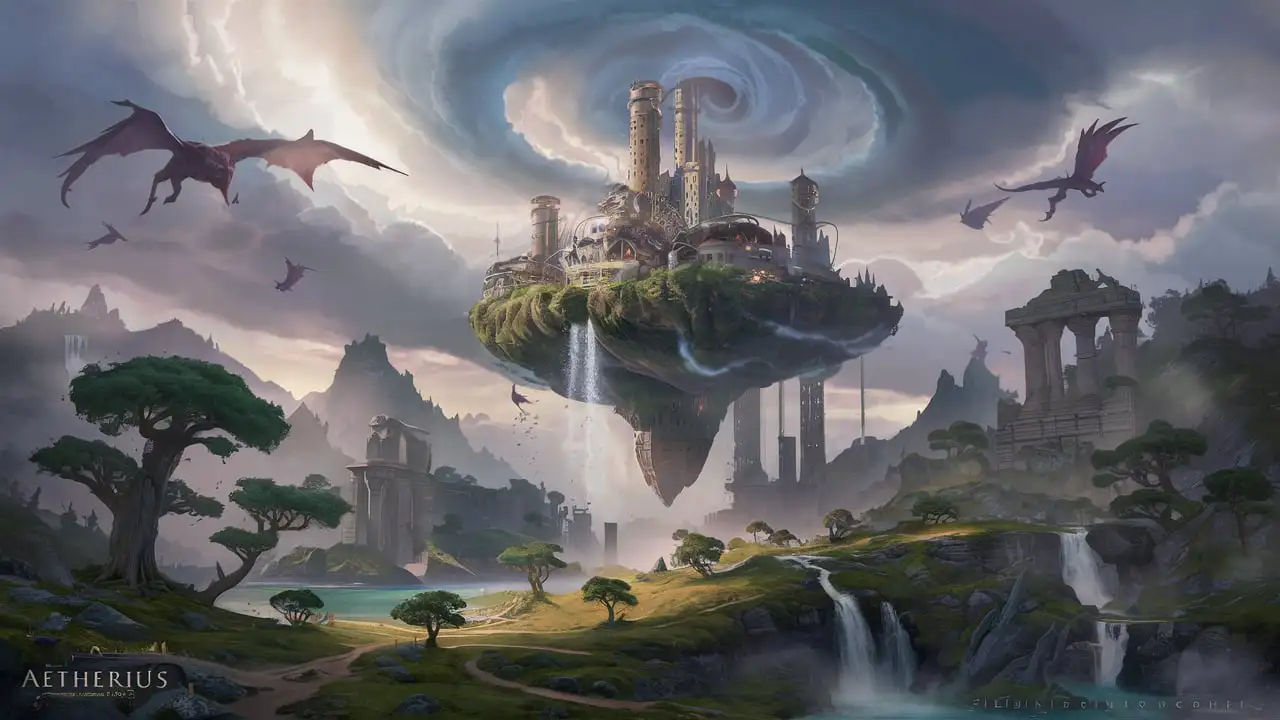 Steampunk Flying City Over Fantasy Mountains with Ancient Ruins and Pteranodons