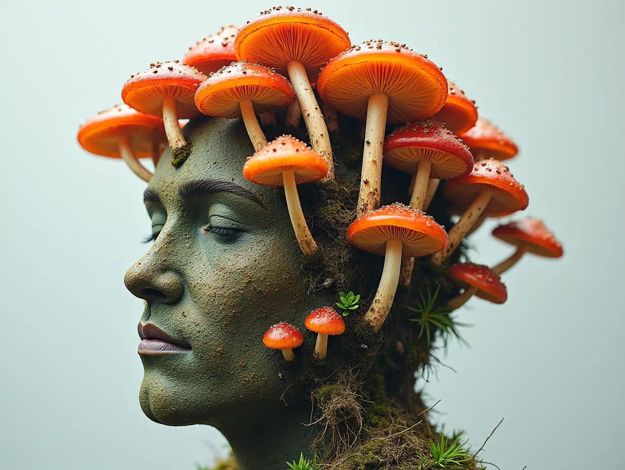 Face transformed into building with colorful mushroom roots