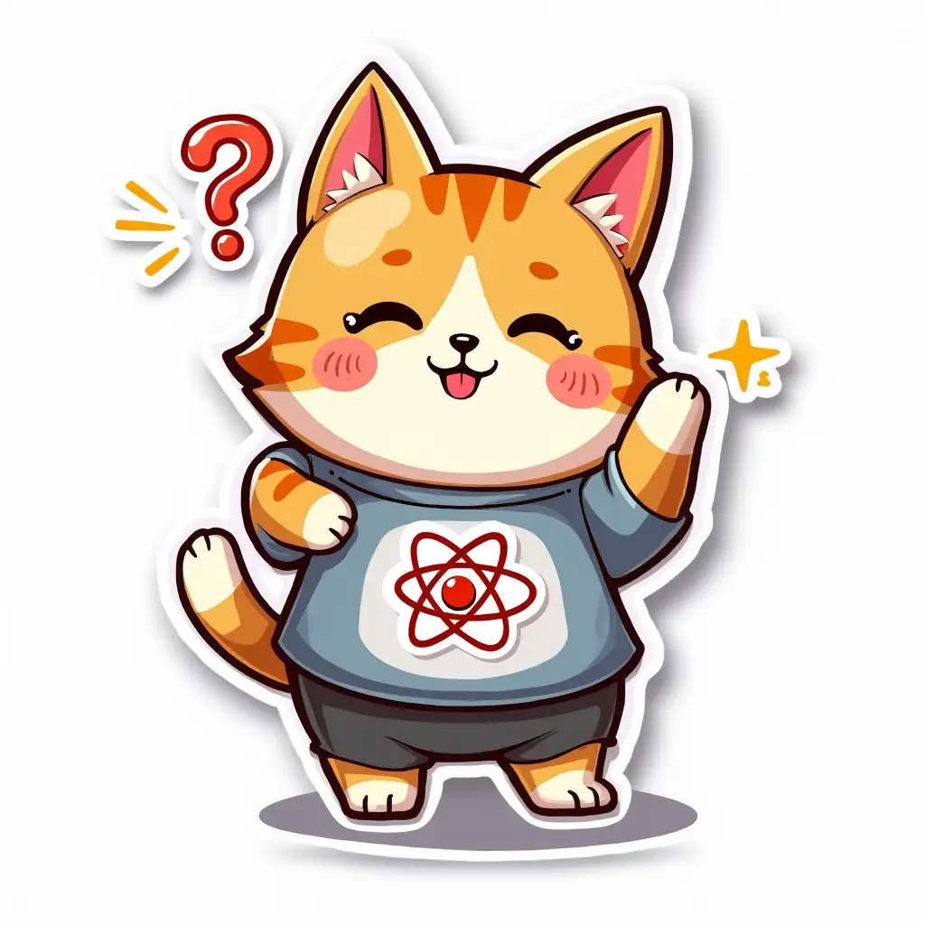 A curvilinearly cut sticker depicting a kawaii positive fluffy little cat in office clothes with an atom symbol on t-shirt.  The face and pose express the emotion of thoughtfulness, the large question mark symbol in the background emits a glow. Vibrant and dynamic die cut sticker design top-view, high resolution, vector art, white background, paint in anime style