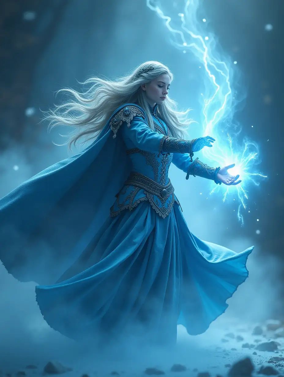 powerful sorceress, casting a spell, frost magic, grey-blue hair, long hair, sorceress armor, action moving, levitation, dynamic angle, intricate, cinematic, contrast, 8k, masterpiece, stunning