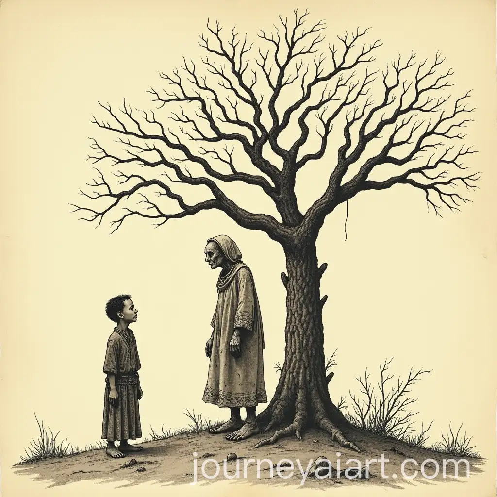 Blind-Old-Woman-and-Frail-Son-Under-Leafless-Tree-in-Rajasthani-Bandhani-Edward-Gorey-Style