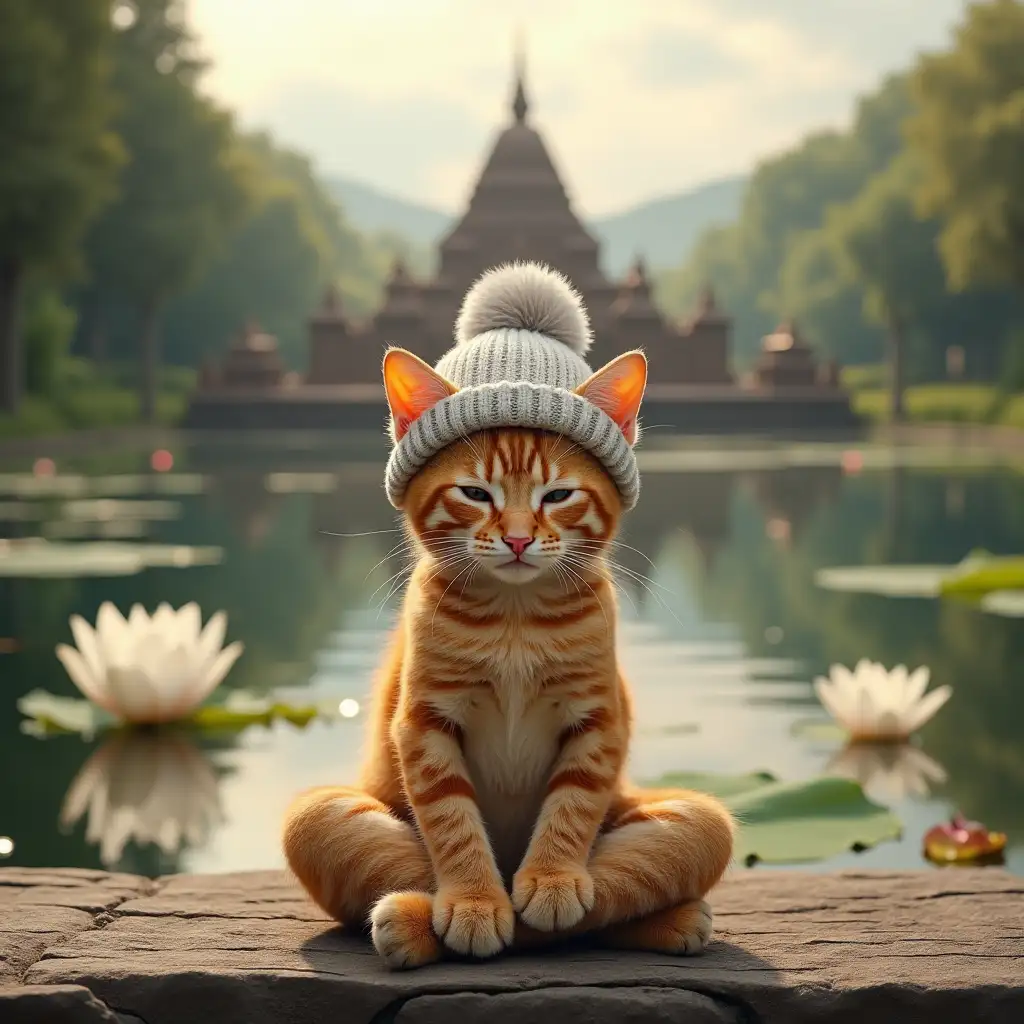 ginger nice real kitten in a knitted hat sits meditating in lotus position. In the background, an Indian Buddhist temple, and nearby a lake with white lotuses