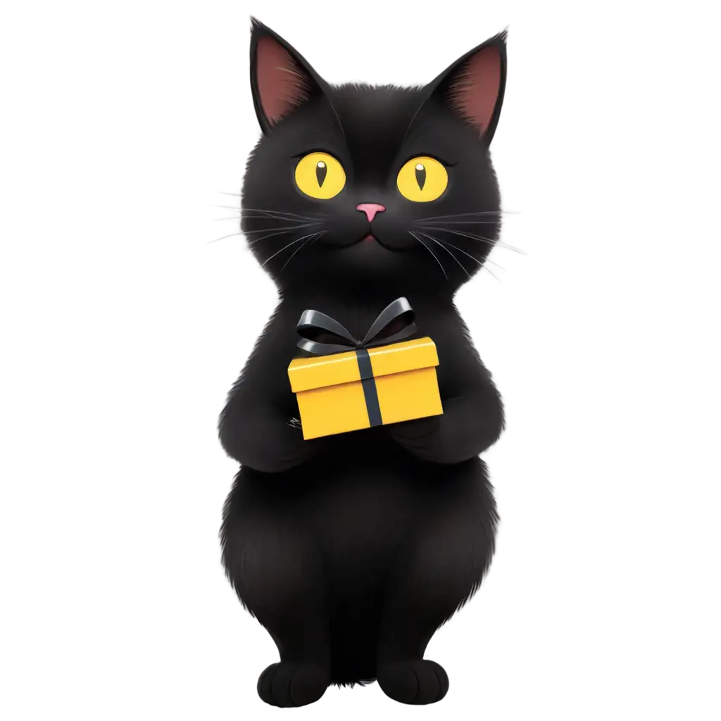 Realistic-Black-Cat-Holding-Gift-PNG-Image-with-Bright-Yellow-Eyes-and-Fluffy-Tail