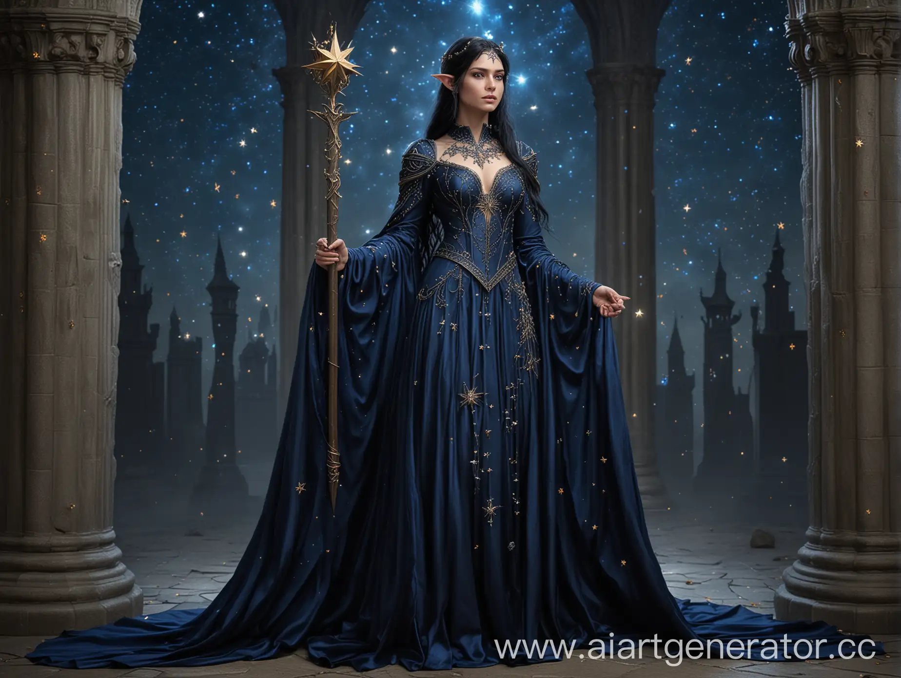 Mysterious-Elven-Queen-in-Midnight-Blue-Gown-Holding-Staff-of-Stars-in-Grand-Elven-Tower