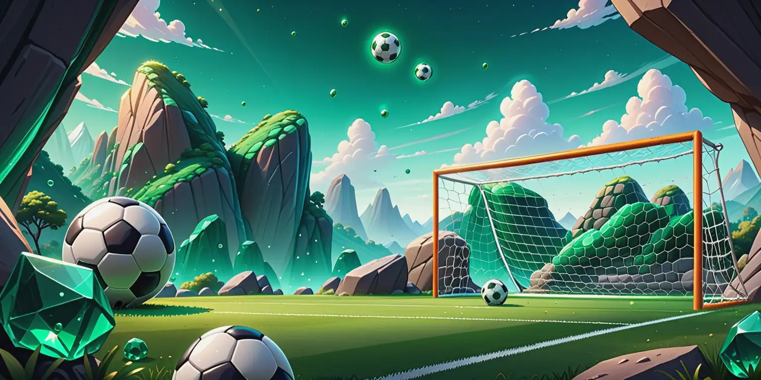 Cartoon Style Emerald Jewels Rockscape Background with Soccer Goal