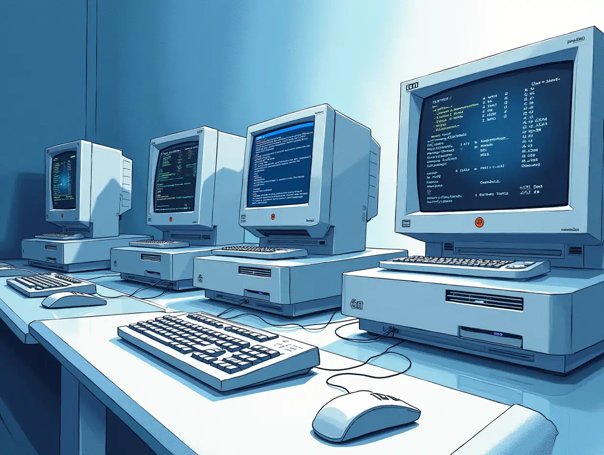 Professional technical illustration of classic computer systems seamlessly integrating with modern technology, showing vintage DOS screens and OS/2 interfaces evolving into contemporary displays, using IBM blues and greys, corporate style, featuring subtle code elements and system icons, emphasis on bridging old and new technology rather than replacement