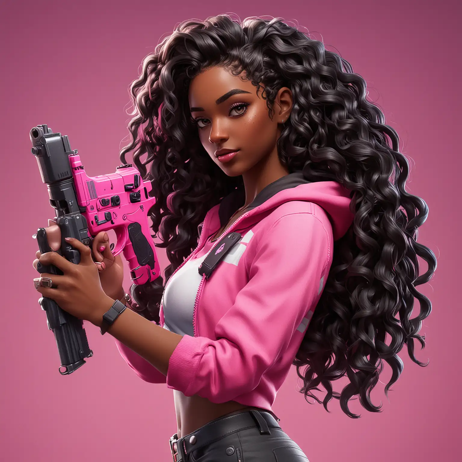 Pretty Black Girl with Pink Gun and Lush Long Curly Hair