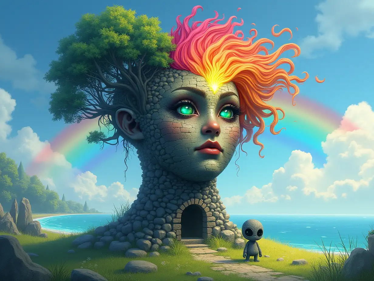 Creating a Digital painting face with rainbow hair transforms into building with stones and trees with roots and rocks and lantern and by the sea alien on a meadow rainbow blue sky