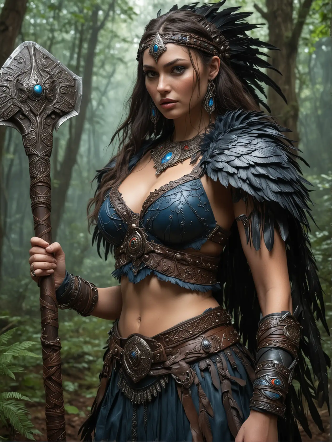 Medium close up captured, RPG fantasy/DnD style illustration of a beauty Luna Maya with awesome cleavage as the aztec warrior, tribal tattoos on her arms, piercing blue eyes, and a large double-sided detailed battleaxe: tall, extremely muscular, in a lush forest. She holds the battleaxe over her shoulder. Other hand on her shield. Wears a chest piece with metalwork, fur accents, dark feathers shoulder guards, bracers, a thick leather belt, and a leather skirt with metal accents. Long flowing hair in a intricate braid over the shoulder with dark feathers of headdress