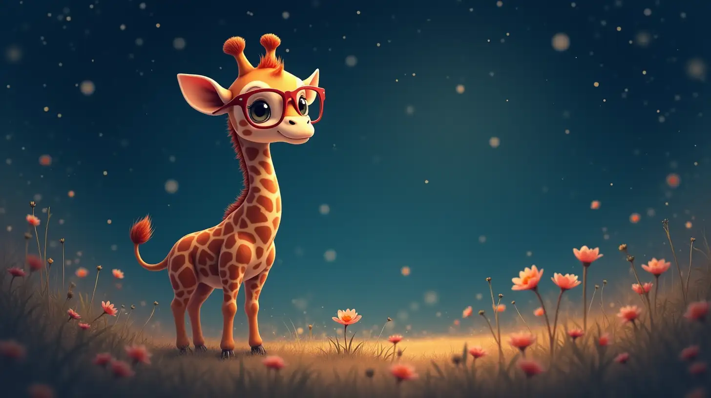 Cute Baby Giraffe Wearing Glasses Surrounded by Stars and Flowers in Space