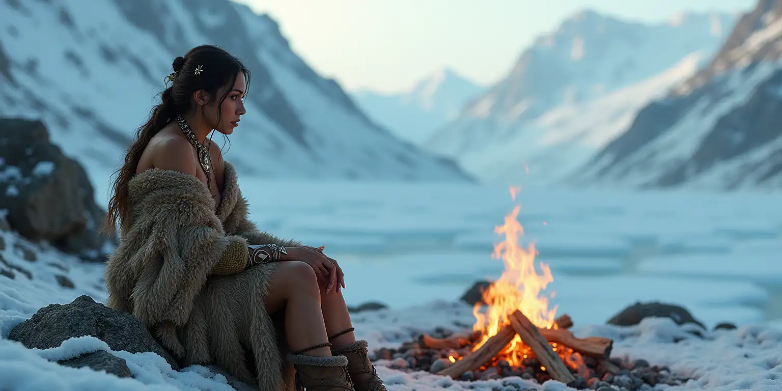 Ice Age Woman by Campfire in Hyperrealistic Landscape