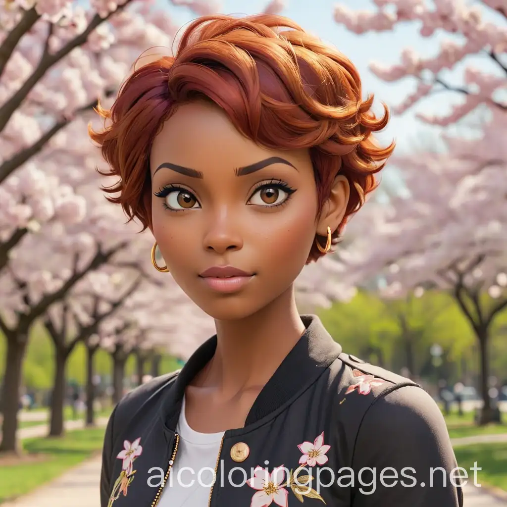 DarkSkinned-Woman-with-Red-Pixie-Cut-in-Cherry-Blossom-Park