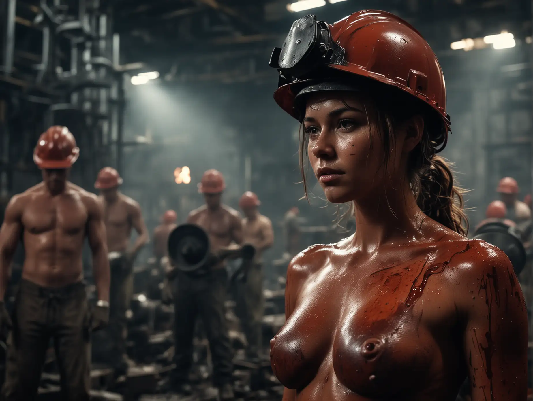 Cinematic-Steelworks-Scene-with-Muscular-Woman-Working-on-RedHot-Slag