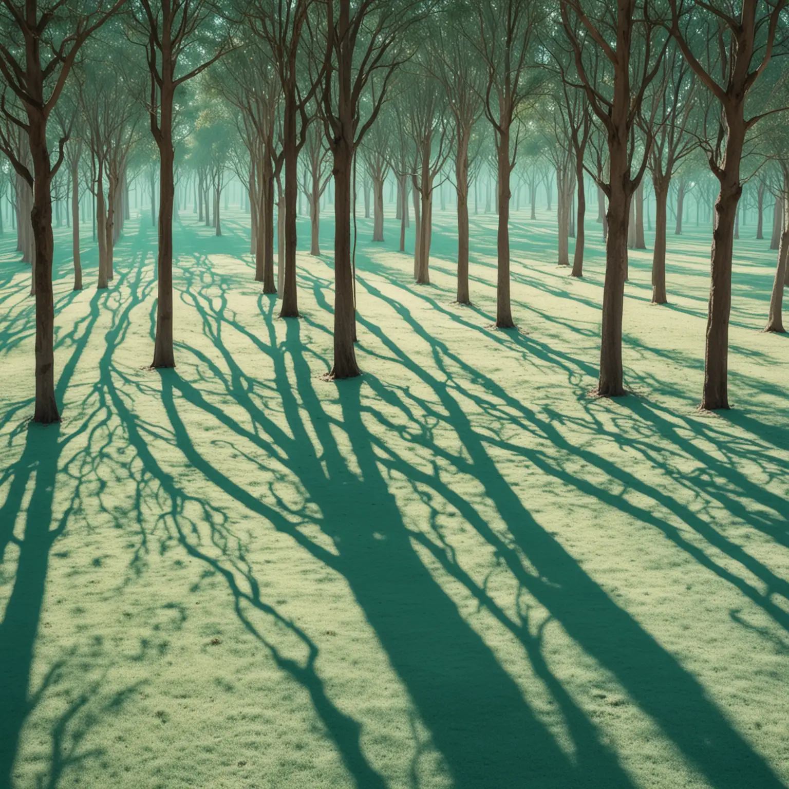 Serene Forest Landscape with Long Shadows on Pastel Teal Background