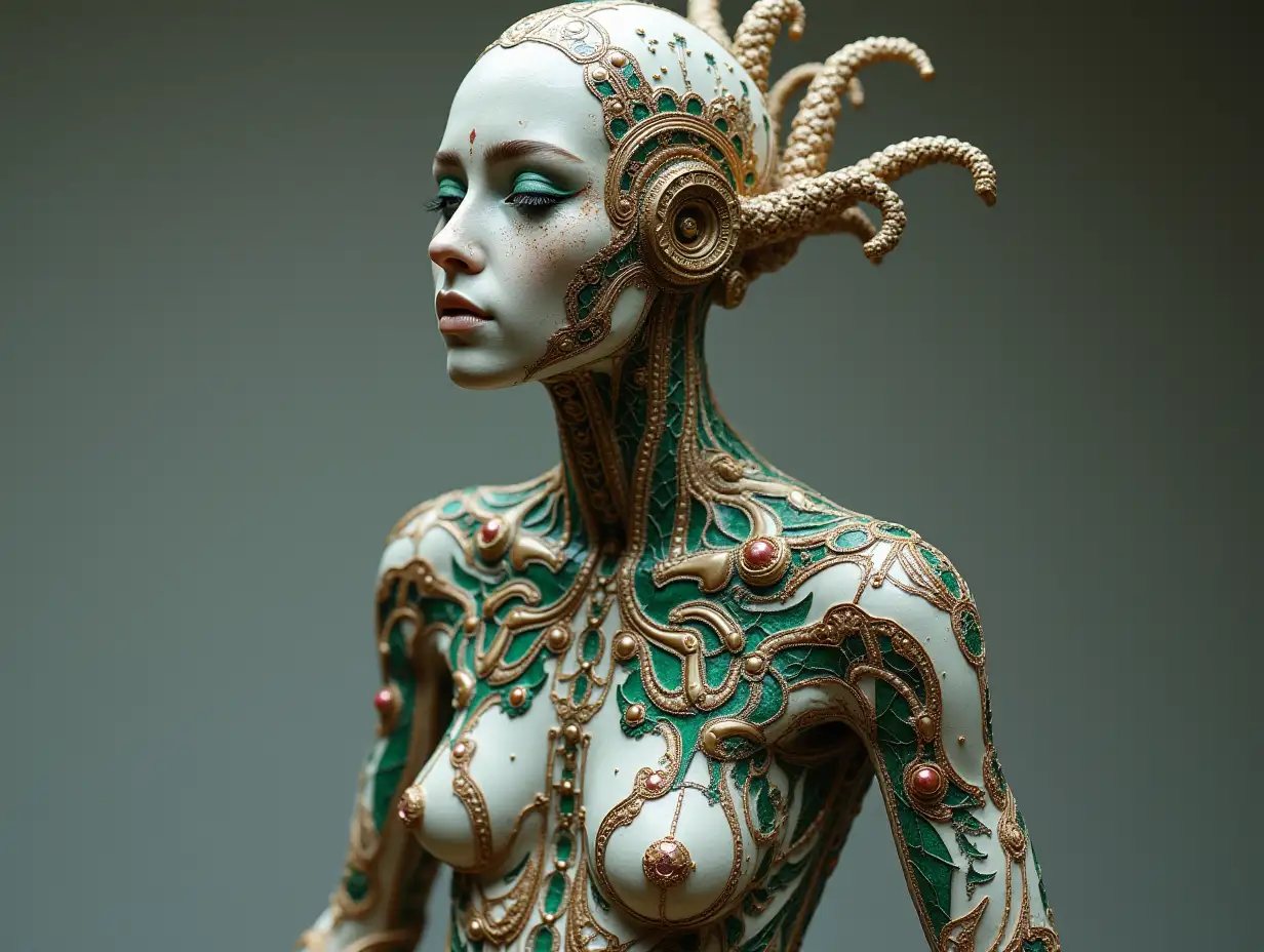 The human body in thousands of parts made of porcelain with emerald and ruby Stein Steampunk 8K resolution