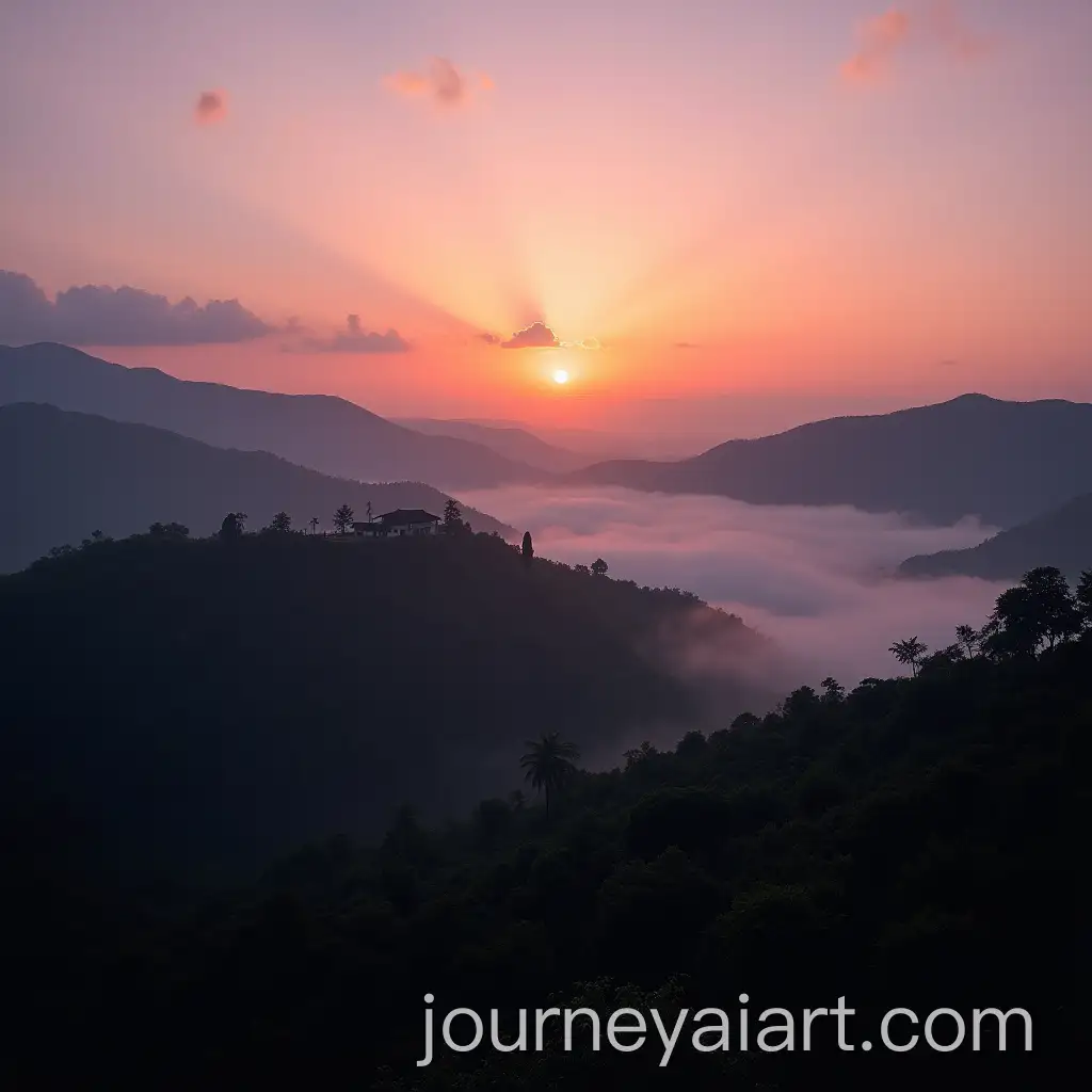 Dawn-Over-a-Serene-Mountain-Landscape-with-Farmhouse-Silhouette