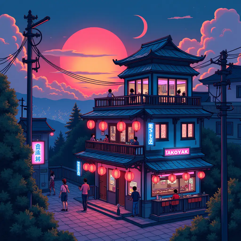 A vibrant nighttime cyberpunk scene with Japanese influences, featuring a building with traditional architecture mixed with futuristic elements. The building is decorated with red hanging lanterns and bright neon in blues and pinks, with Japanese signs and the word 'Takoyaki' highlighted. There are people interacting and enjoying the view from the balcony. The sky in the background displays a colorful sunset with orange, pink, and deep blue hues, accompanied by a crescent moon and stylized clouds. The atmosphere is cozy yet vibrant, blending tradition and futurism. Delicate details and a touch of vaporwave aesthetics.